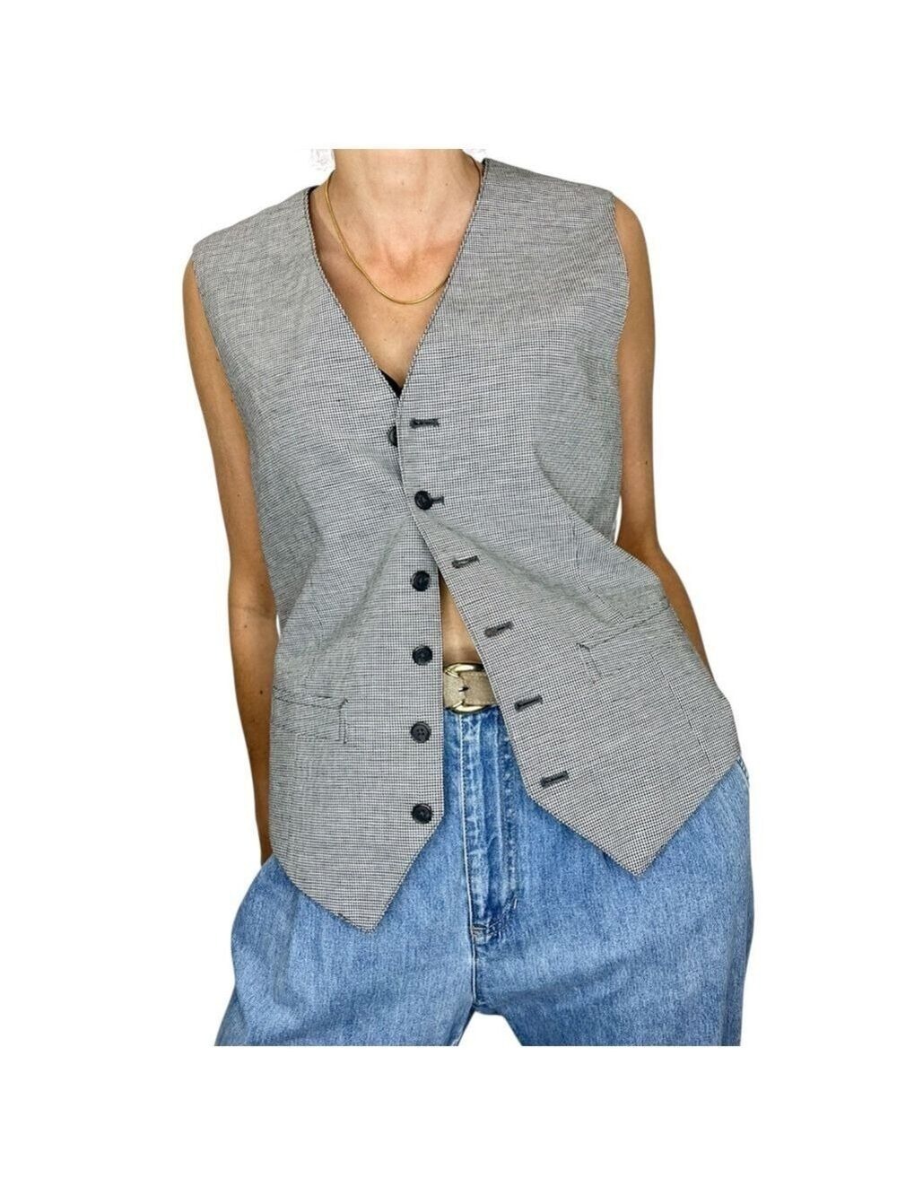 Uniqlo black white check linen cotton boxy preppy old money vest waistcoat M